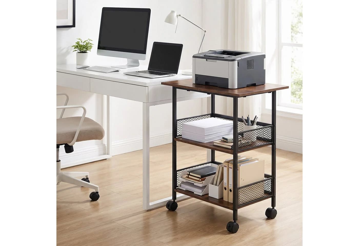 GarveeMore Druckertisch 3-Ebenen mit Rollen & Ablage Braun