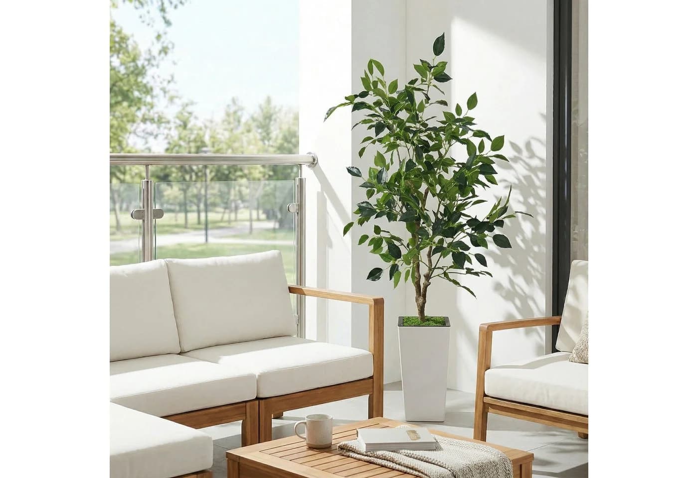 GarveeMore Künstlicher Ficus Baum 150 cm Grün Weiß Modern