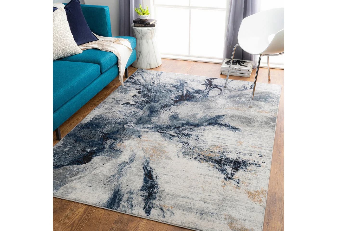 Moderner Blau Marmor-Optik Kurzflor Teppich - Bild 2