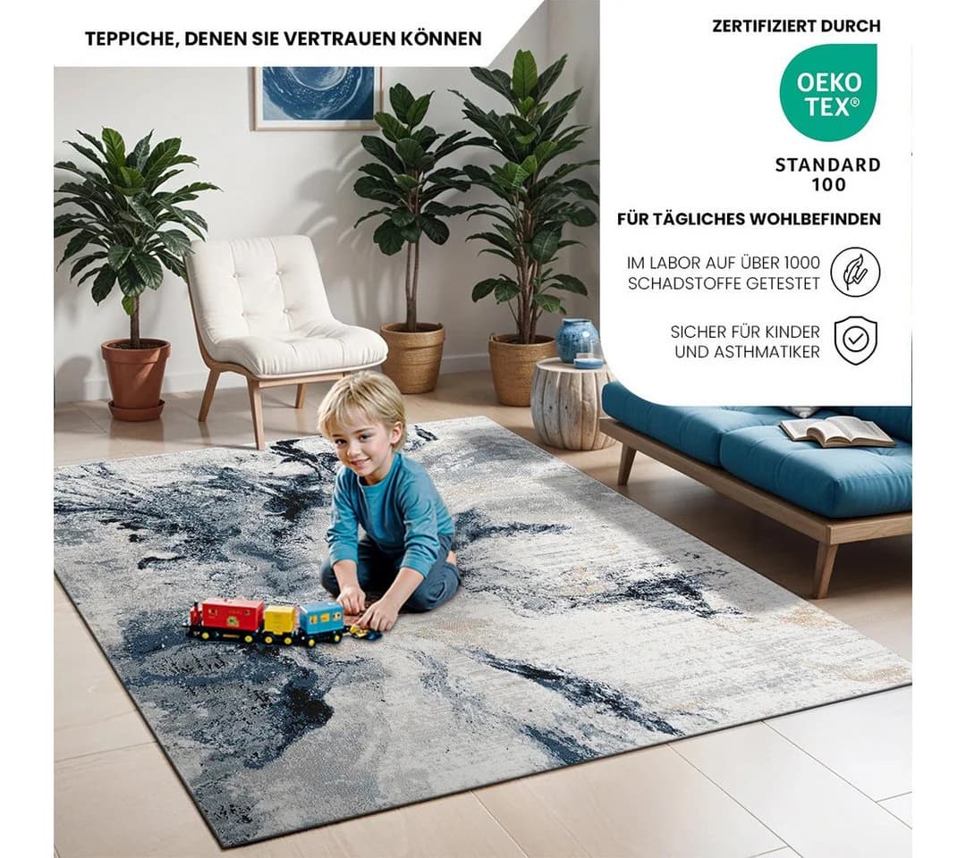 Moderner Blau Marmor-Optik Kurzflor Teppich - Bild 5