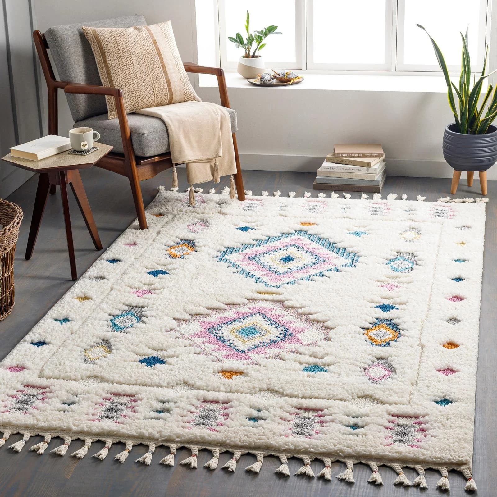 Hochflor-Teppich SURYA GALESBURG Creme Boho Wohnzimmerteppich