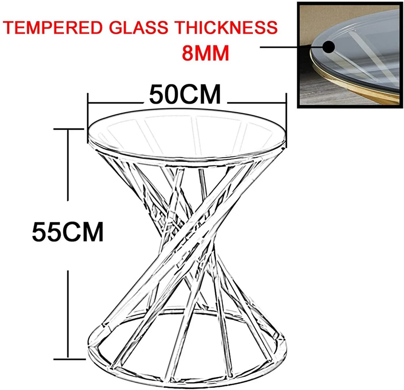 JYMTOM Runder Beistelltisch Glas Edelstahl 50 cm
