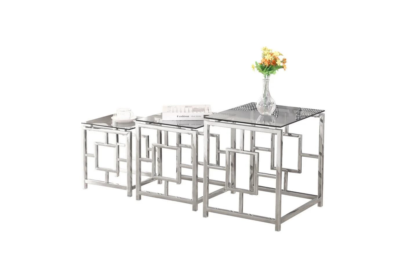JYMTOM Couchtisch 3er Set Silber Edelstahlgestell Hartglas - Bild 2
