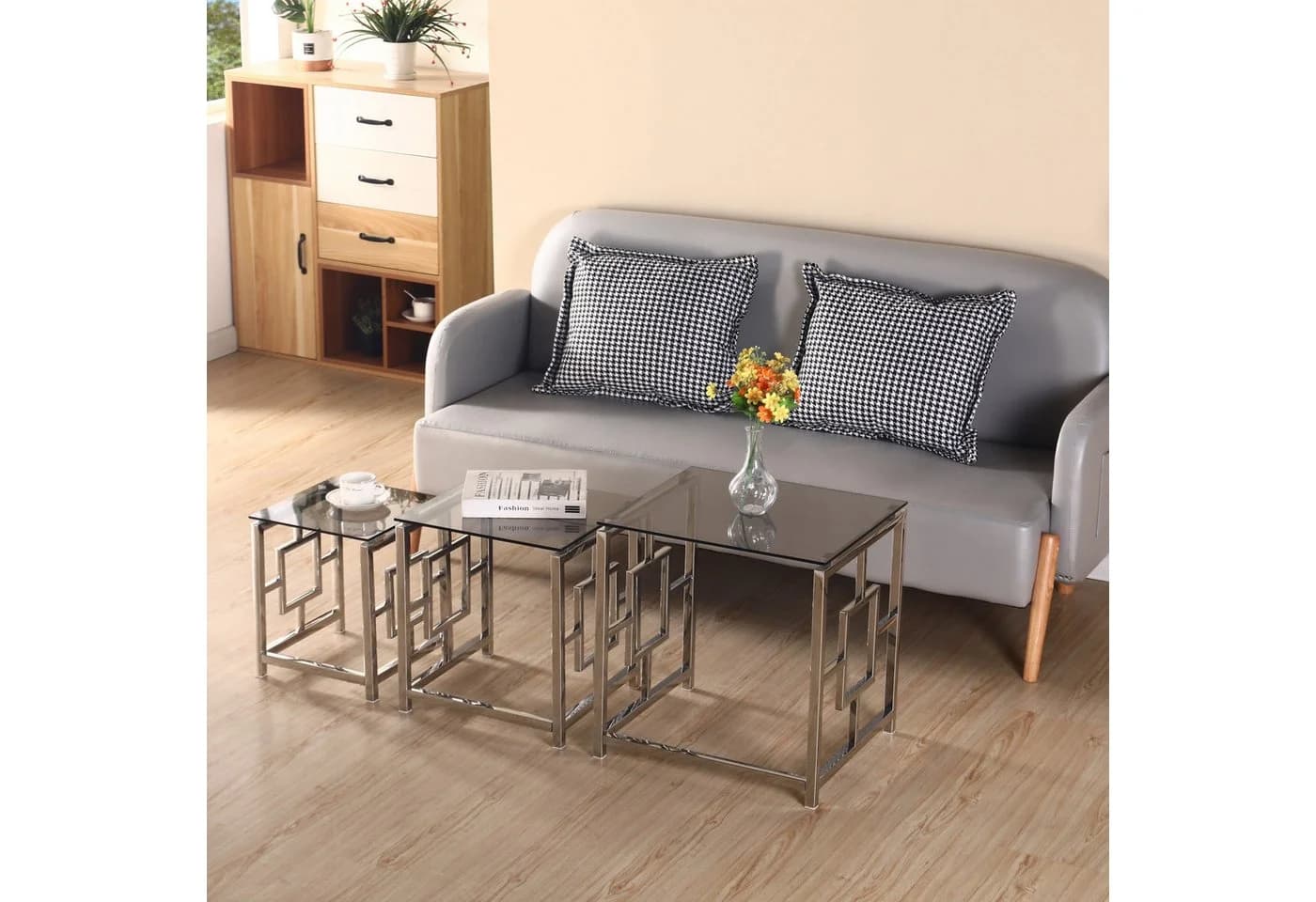 JYMTOM Couchtisch 3er Set Silber Edelstahlgestell Hartglas - Bild 3