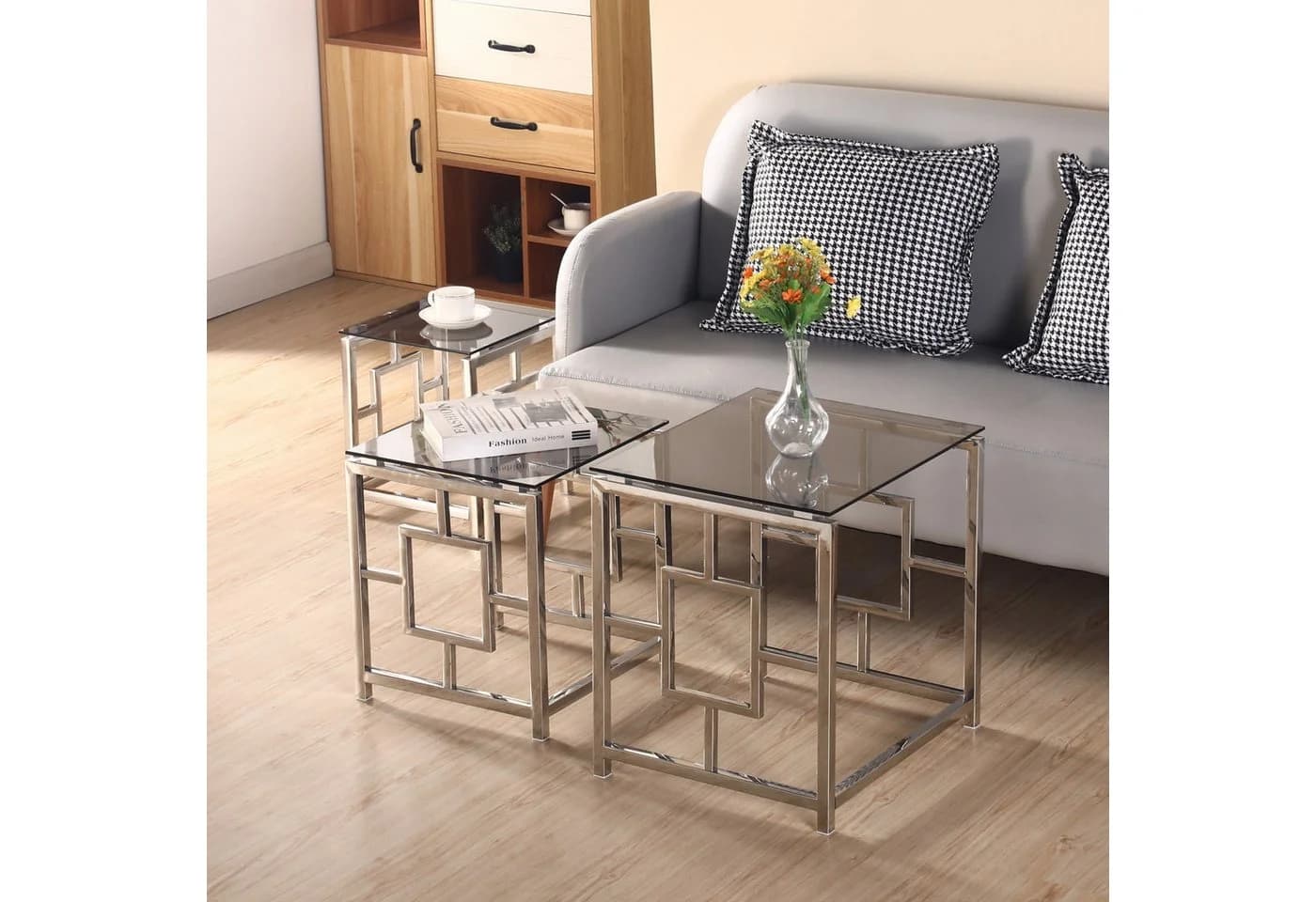 JYMTOM Couchtisch 3er Set Silber Edelstahlgestell Hartglas - Bild 4