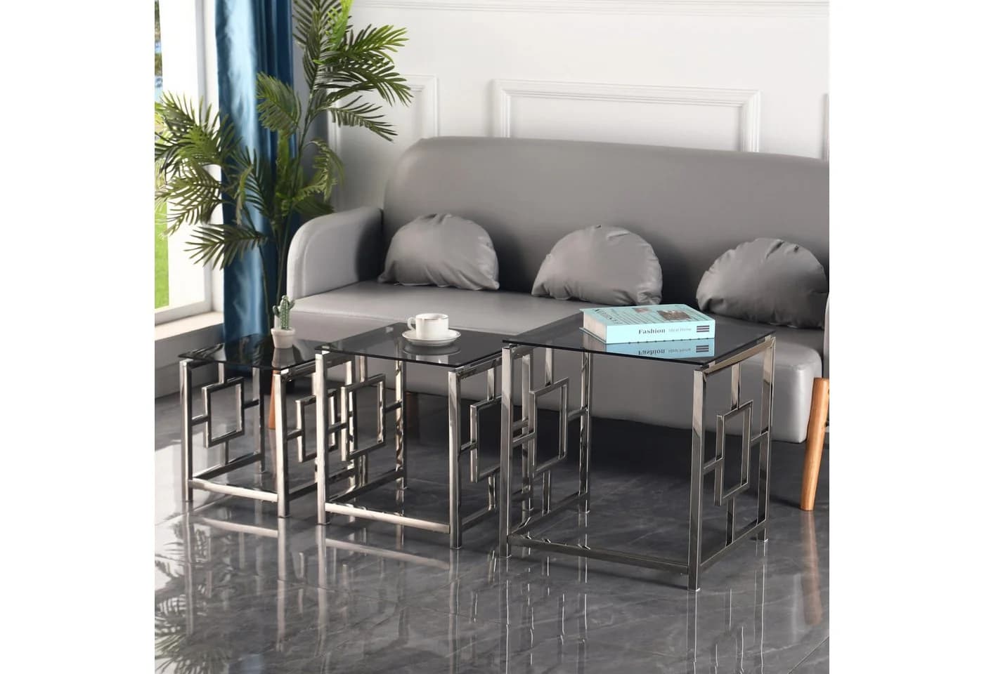 JYMTOM Couchtisch 3er Set Silber Edelstahlgestell Hartglas - Bild 5