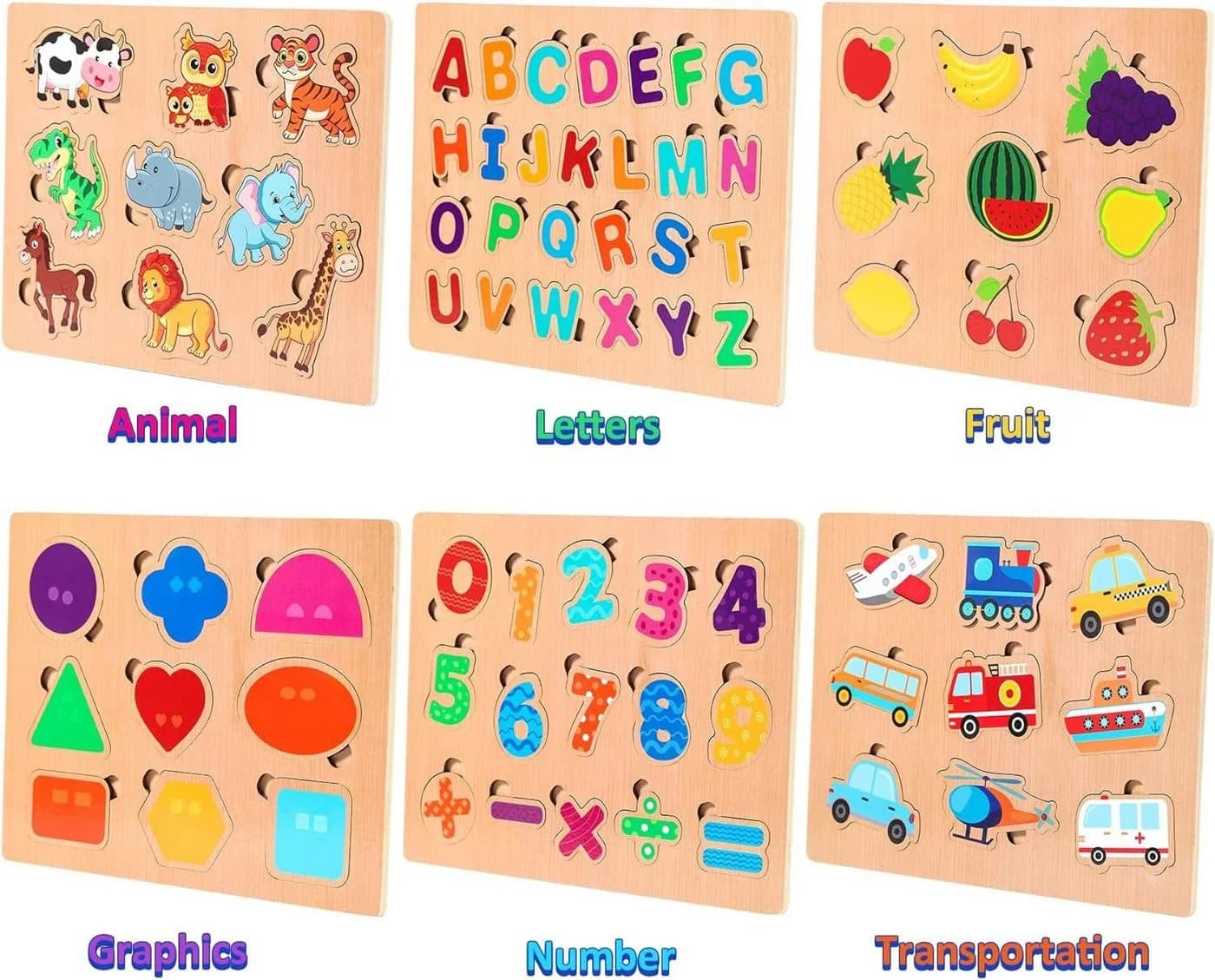 POPOLIC Lernspielzeug 6er Set Kinder Holzpuzzle Montessori-Spielzeug Bunt - Bild 3