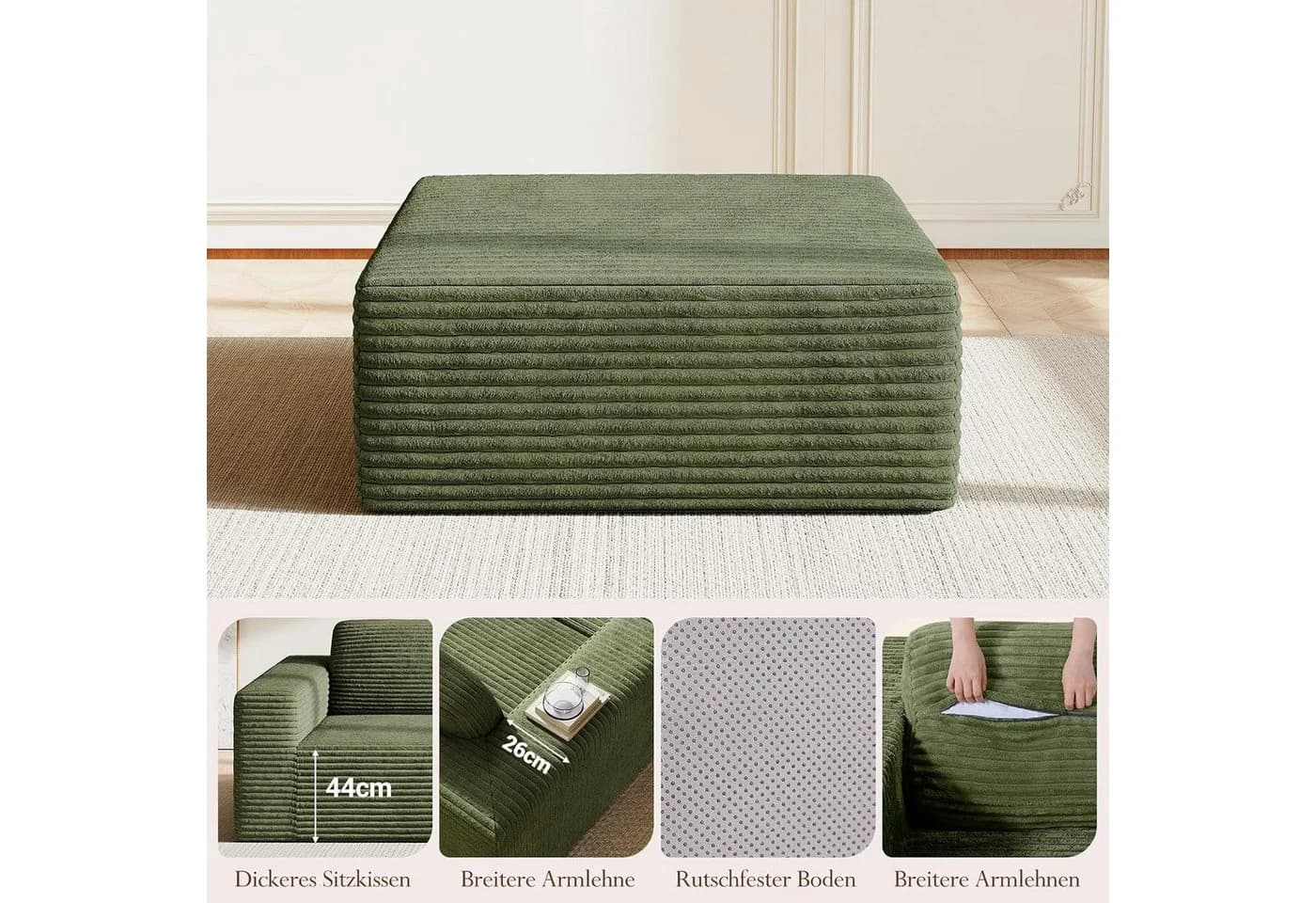 OUNUO Modularer Ecksofa KordKordstoff Grün Hochelastischer Schwamm - Bild 4