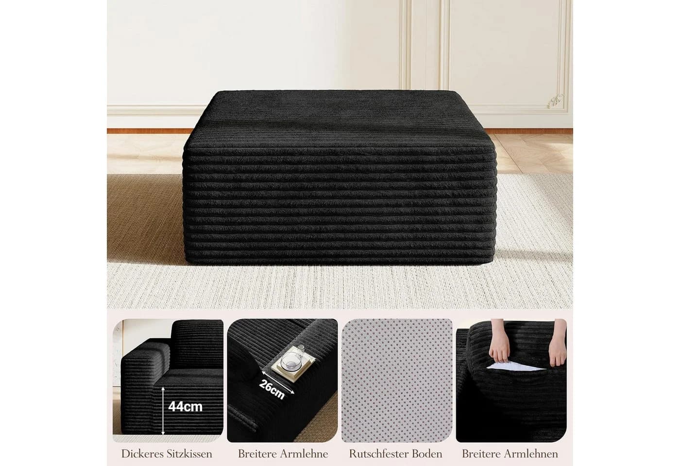 OUNUO Ecksofa Modularer KordKordstuhl mit Hochelastischem Schwamm Schwarz - Bild 4