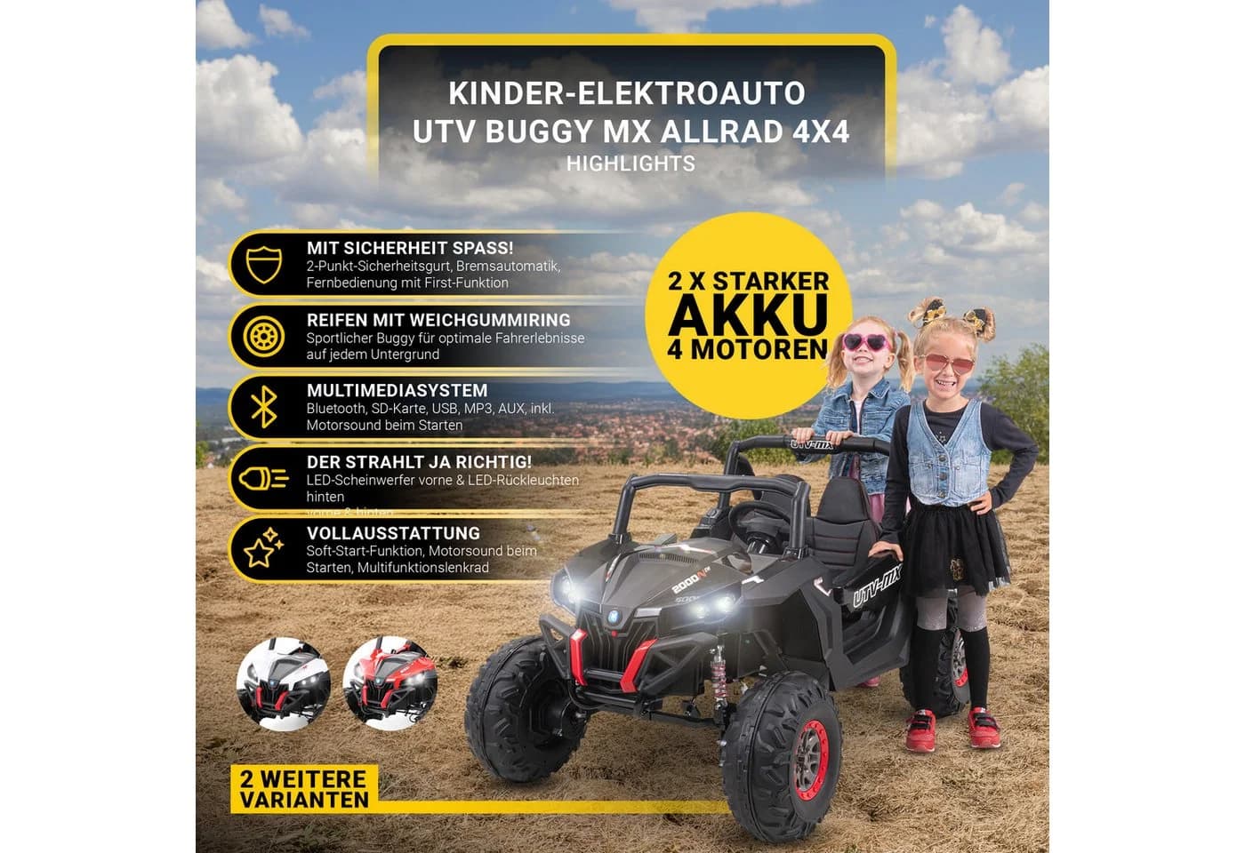 Actionbikes Motors Elektro-Kinderauto UTV Buggy MX Schwarz 4x4 Allrad