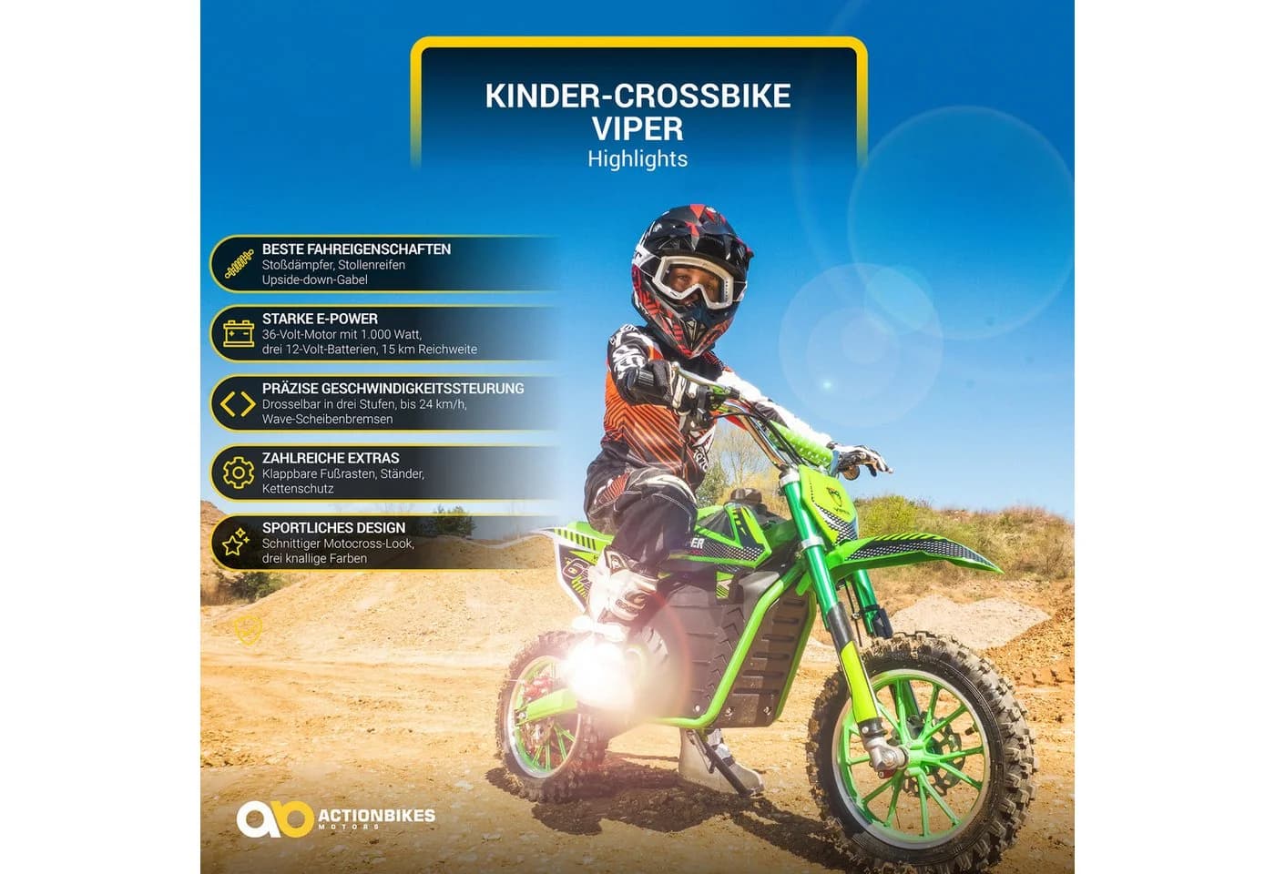 Actionbikes Motors Elektro-Kindermotorrad Viper 1000W Grün