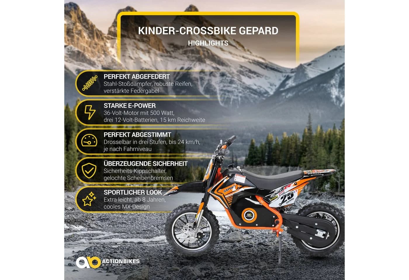 Actionbikes Motors Elektro-Kindermotorrad Mini Dirt Bike Gepard 500W Orange