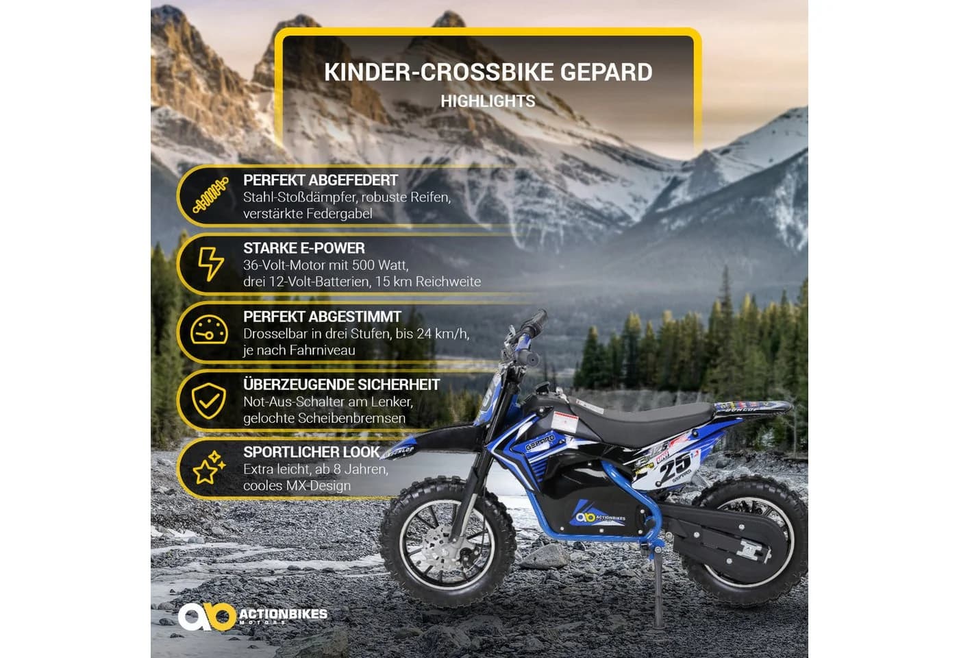 Actionbikes Motors Elektro-Kindermotorrad Mini Dirt Bike Gepard 500W 3 Stufen 7-25 km/h Blau