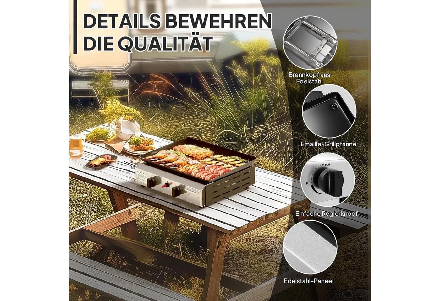 LALAHO Tischgasgrill 2 Brenner Edelstahl Schwarz/Rot - Bild 3