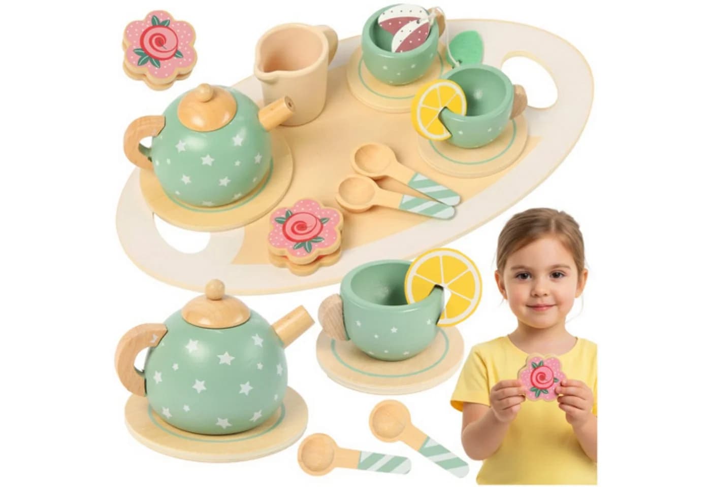 KRUZZEL Spielküche Teeservice Holz Kinderküchenset Tablett Teekanne Tassen Löffel Grün - Bild 2