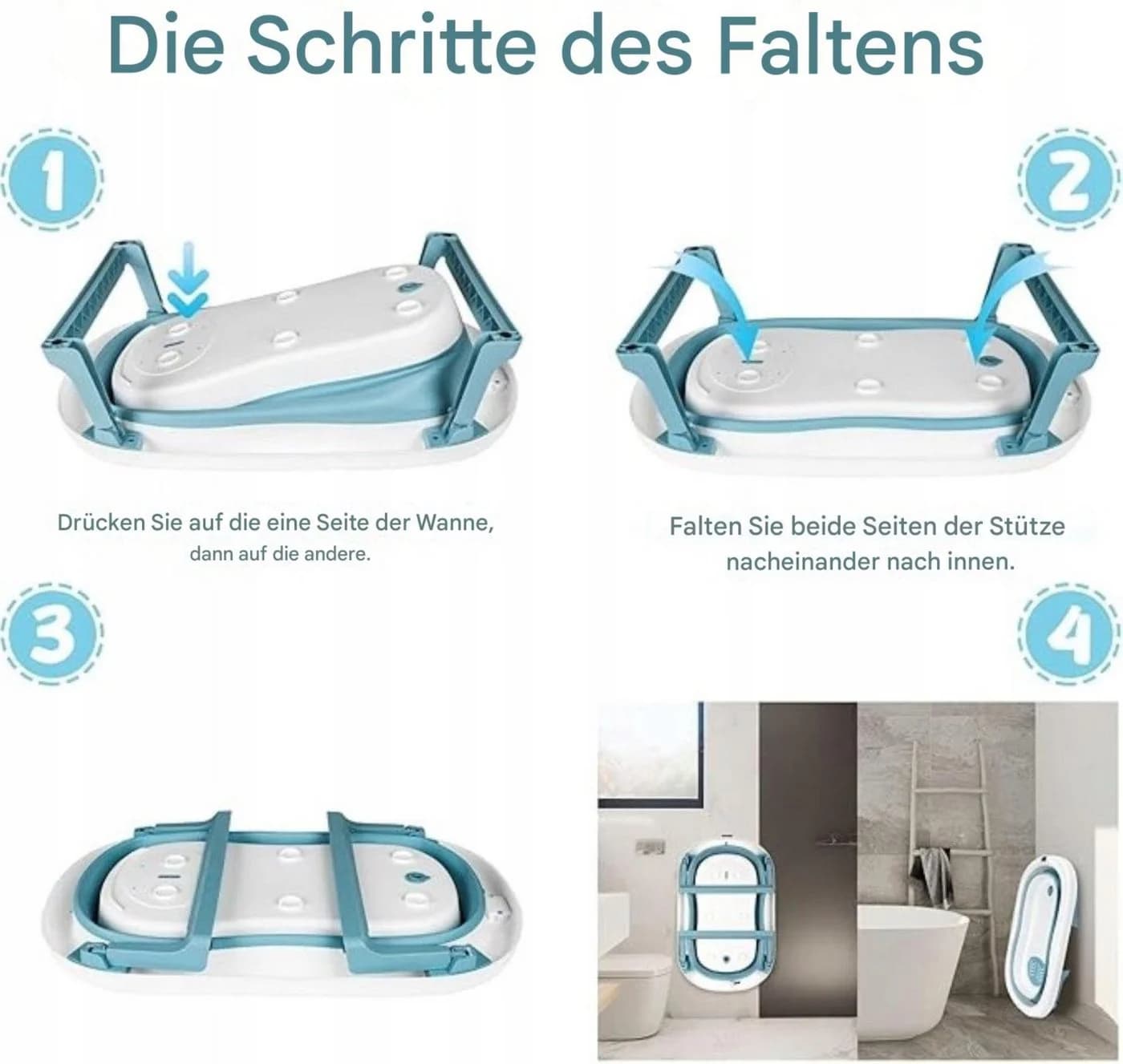 LA CUTE Babybadewanne Faltbare mit Thermometer und Sitz Blau/Rosa/Weiß - Bild 3