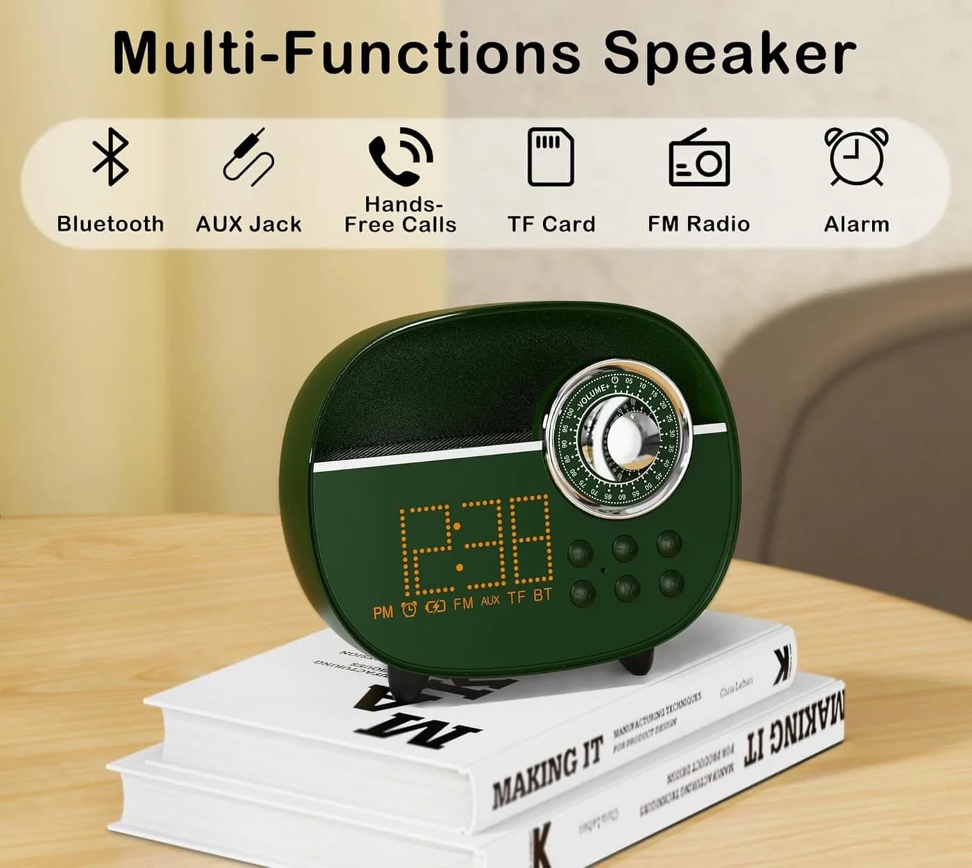 iTOMA Retro-Wecker Grün Bluetooth UKW-Radio Nachtlicht