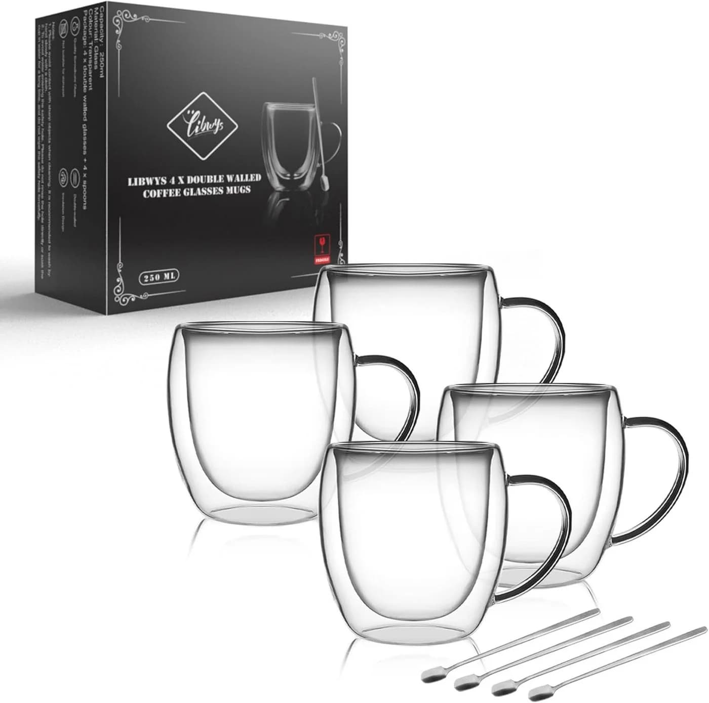 LIBWYS Doppelwandige Kaffeetassen aus Glas 4x250 ml mit Griff und Löffel - Bild 2