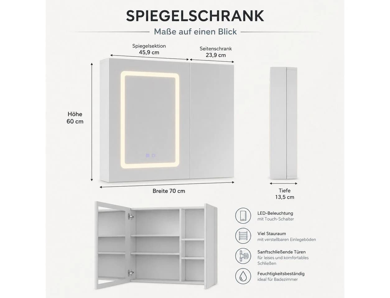 Simurq Spiegelschrank Bad 70cm Weiß LED Beleuchtung