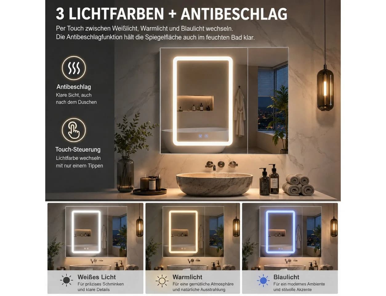 Simurq Spiegelschrank Bad 70cm Weiß LED Beleuchtung - Bild 3