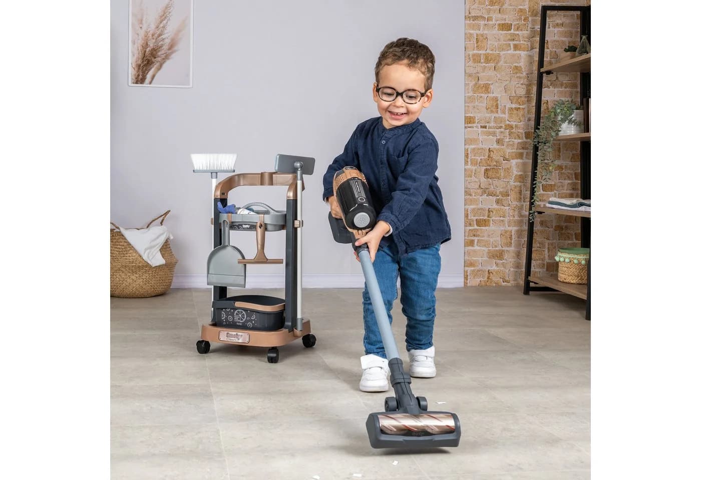 Smoby Kinder-Besenwagen Rowenta Reinigungstrolley Braun Grau mit Sound