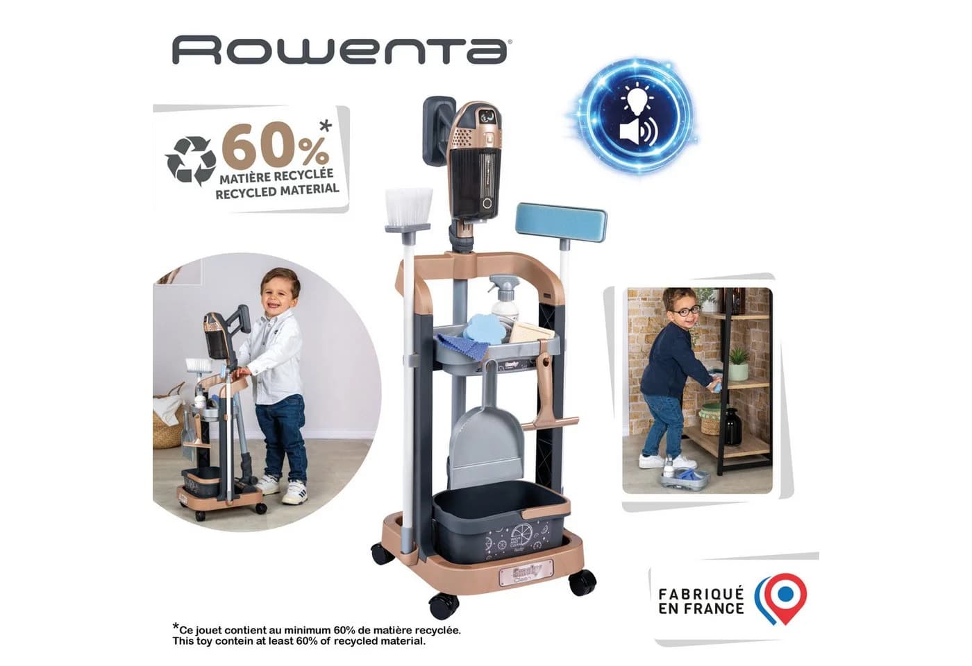 Smoby Kinder-Besenwagen Rowenta Reinigungstrolley Braun Grau mit Sound - Bild 5
