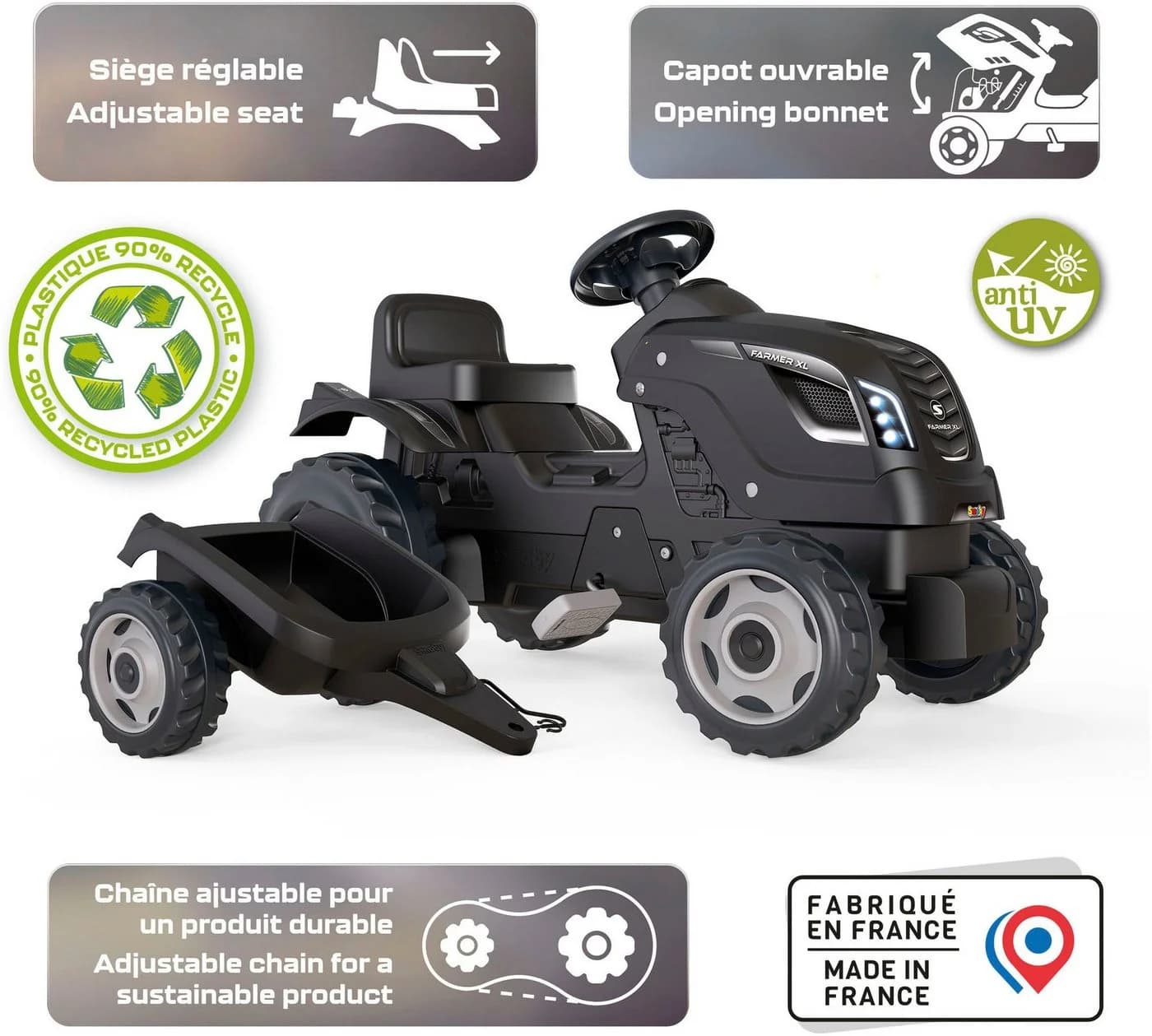 Smoby Trettraktor Farmer XL Schwarz mit Anhänger - Bild 3