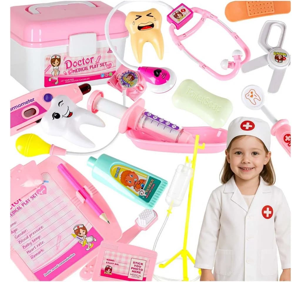 Ikonka Spielzeug-Arztkoffer 35-teilig mit Licht, Sound & Kostüm Rosa - Bild 2