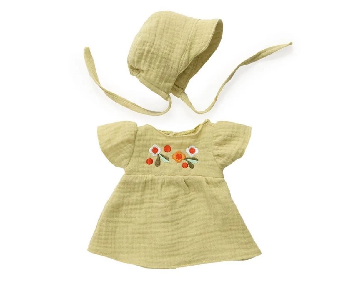 DJECO Puppenkleidung Frühlingskleid für Puppen 28–34 cm Häubchen zarte Gaze-Baumwolle - Bild 2