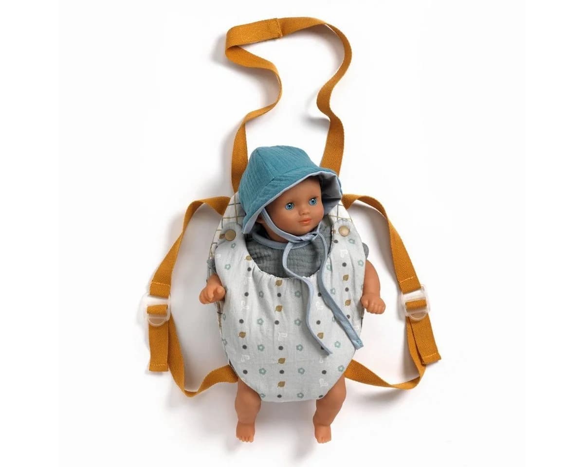 DJECO Puppen Tragetasche Pomea Blue Gray Verstellbare Träger