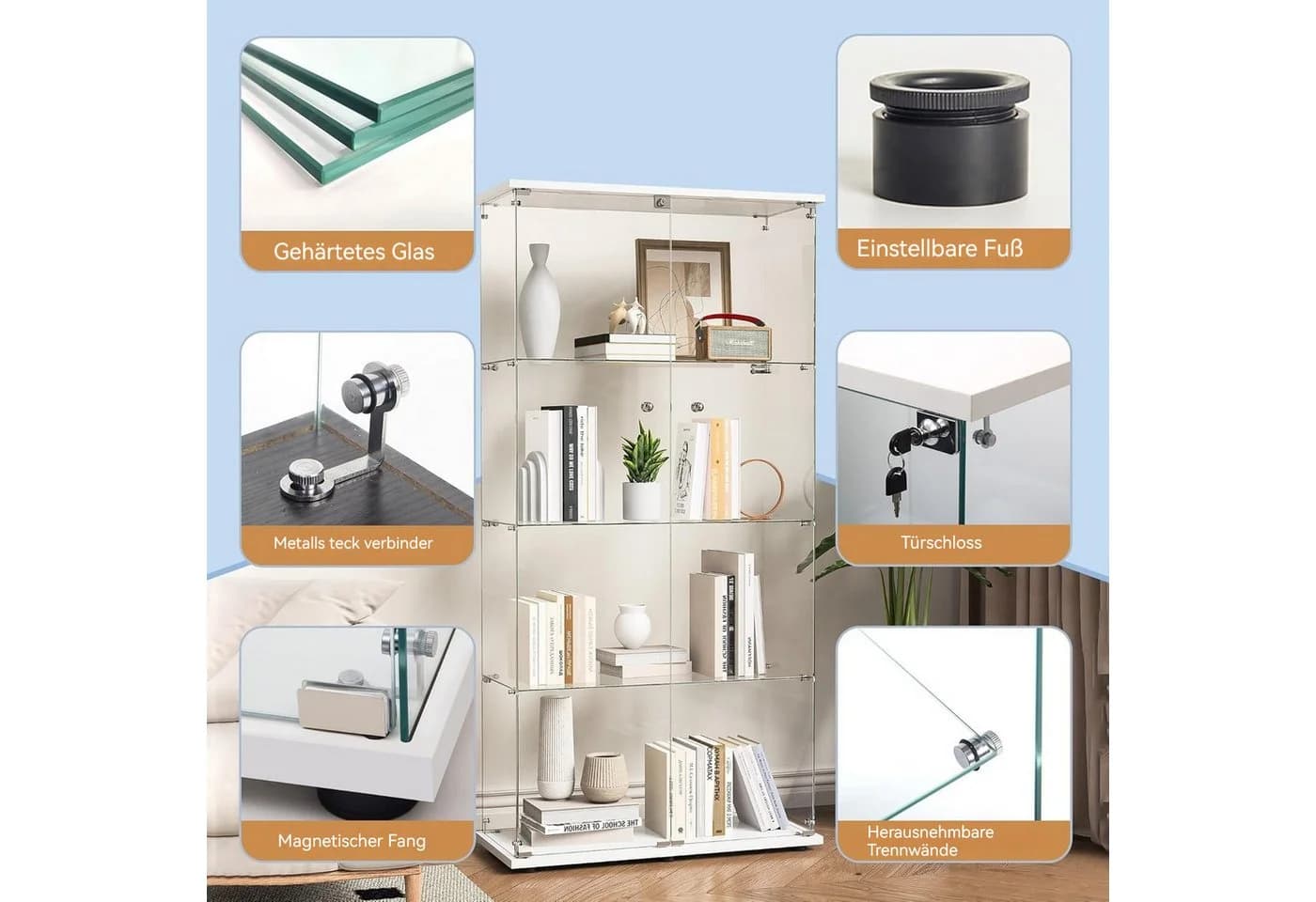 ADWOLT Glasvitrine Standvitrine mit LED-Beleuchtung und 4 Ebenen - Bild 5