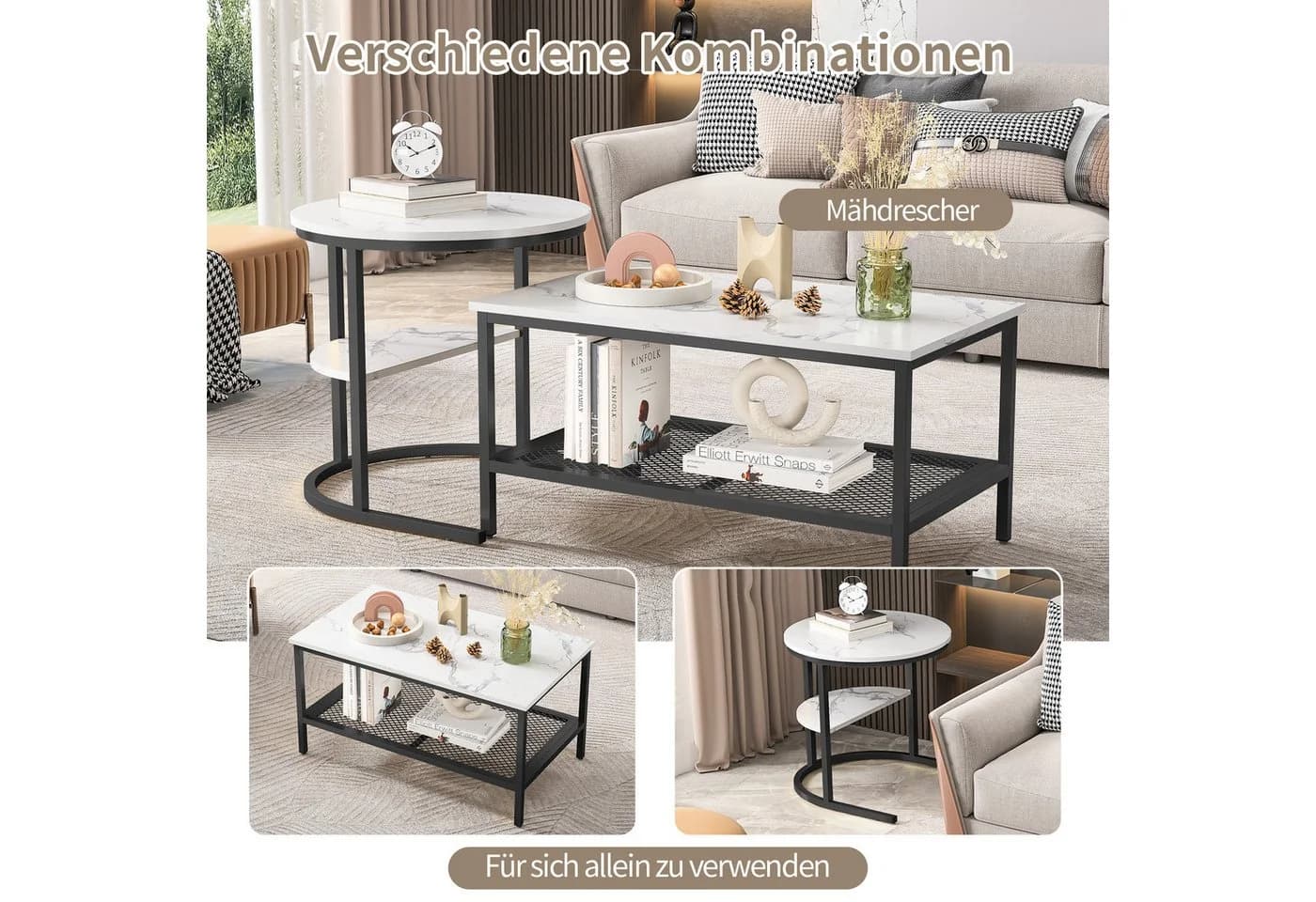 SEEZSSA Couchtisch 2er Set Schwarz Kunstmarmor Metall - Bild 5