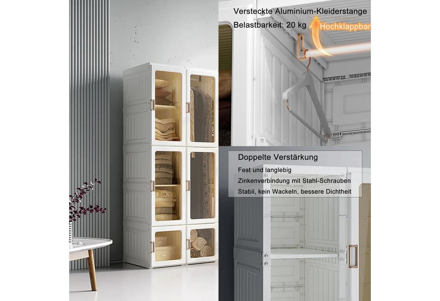 FUROKOY Kleiderschrank mit 6 Türen & 10 Fächern Transparent Weiß - Bild 3