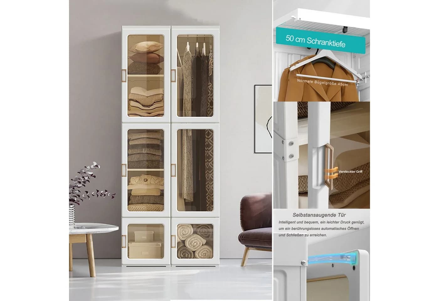 FUROKOY Kleiderschrank mit 6 Türen & 10 Fächern Transparent Weiß - Bild 4