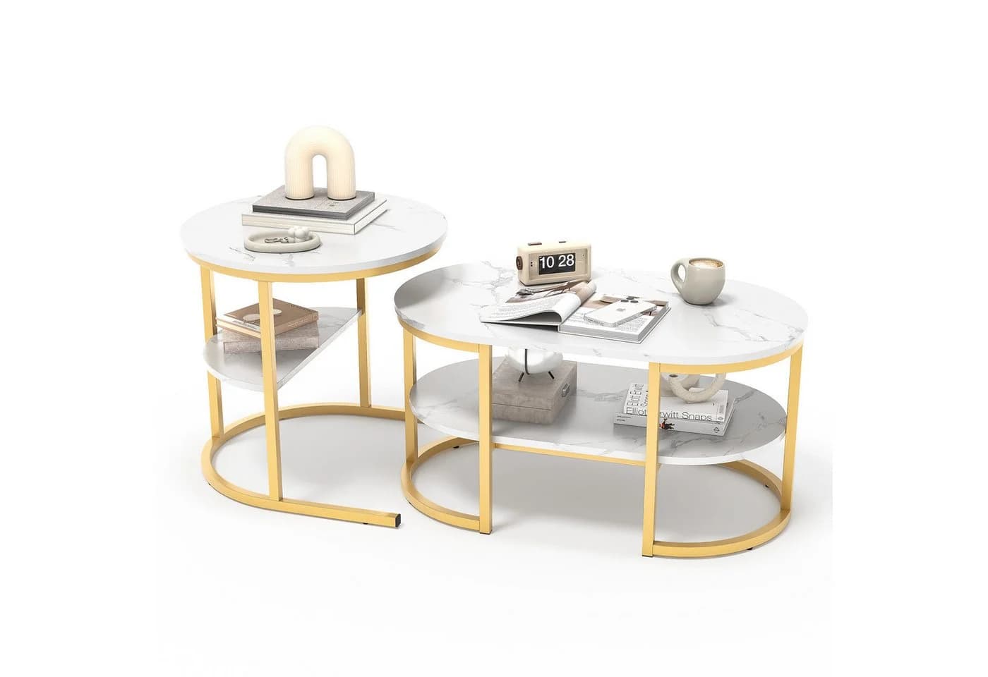 FUROKOY Couchtisch 2er Set Oval & Rund Marmoroptik Gold - Bild 2
