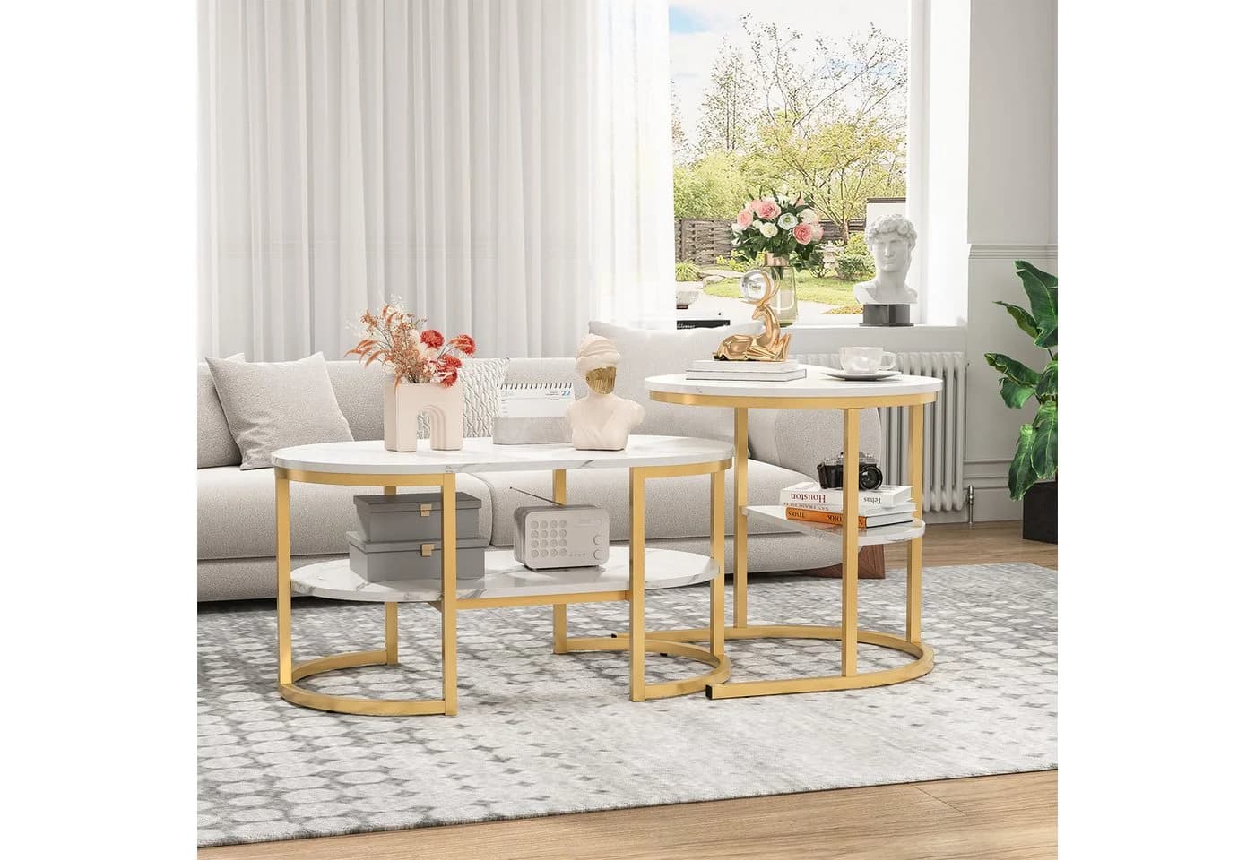 FUROKOY Couchtisch 2er Set Oval & Rund Marmoroptik Gold - Bild 3