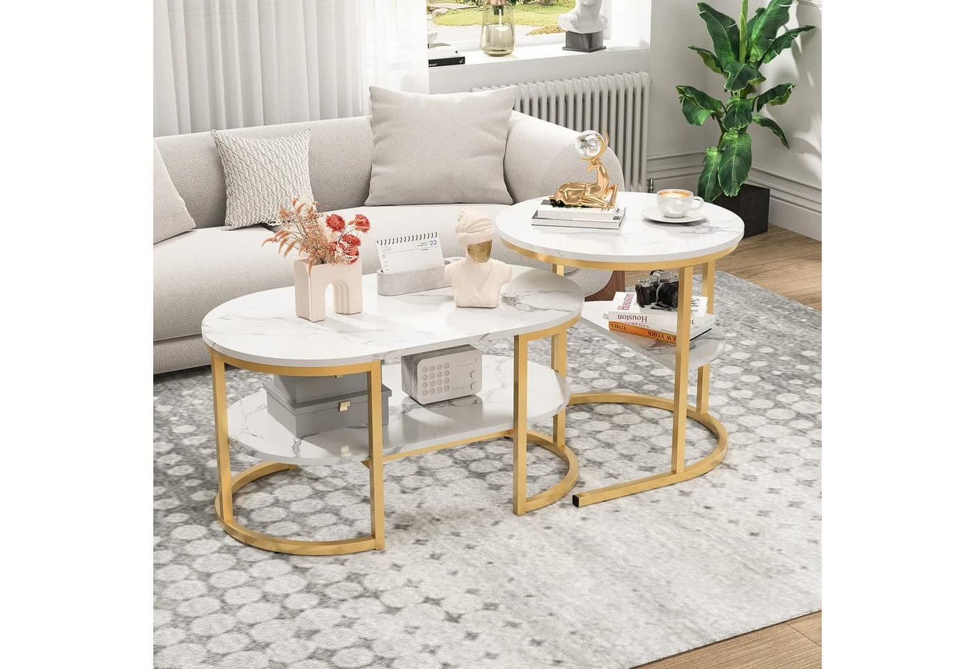 FUROKOY Couchtisch 2er Set Oval & Rund Marmoroptik Gold - Bild 4