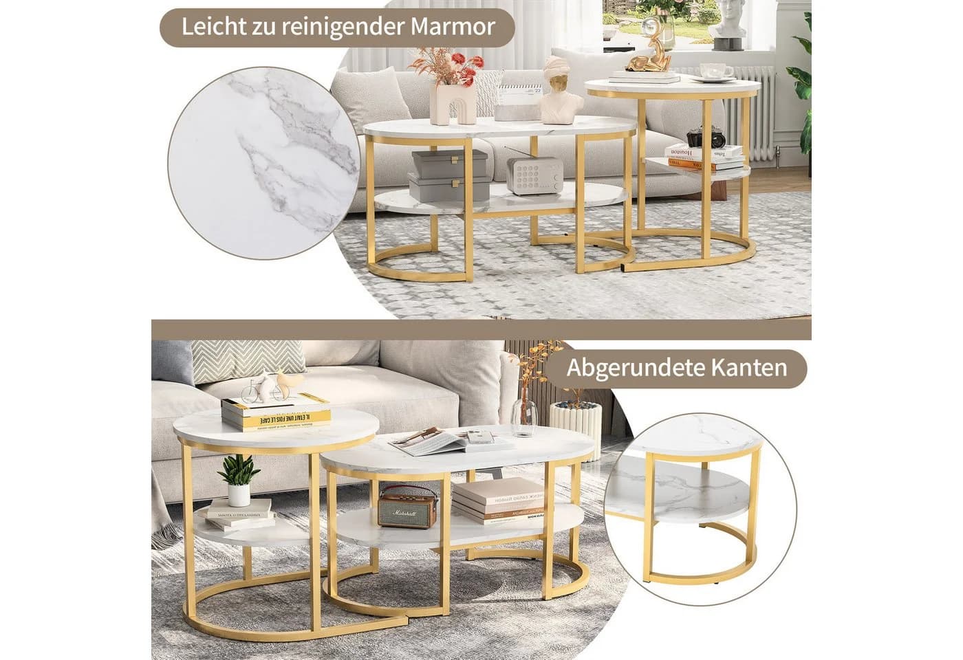 FUROKOY Couchtisch 2er Set Oval & Rund Marmoroptik Gold - Bild 5