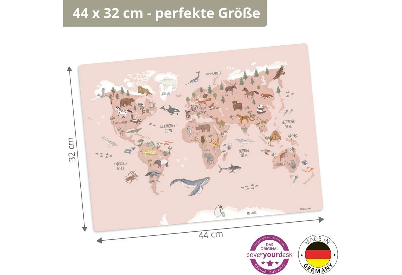 scriptum Platzset Weltkarte Tiere Rosa Premium Vinyl