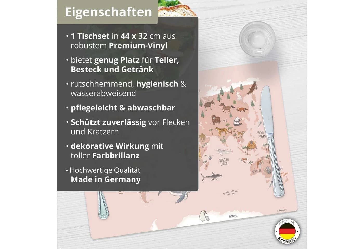scriptum Platzset Weltkarte Tiere Rosa Premium Vinyl - Bild 4