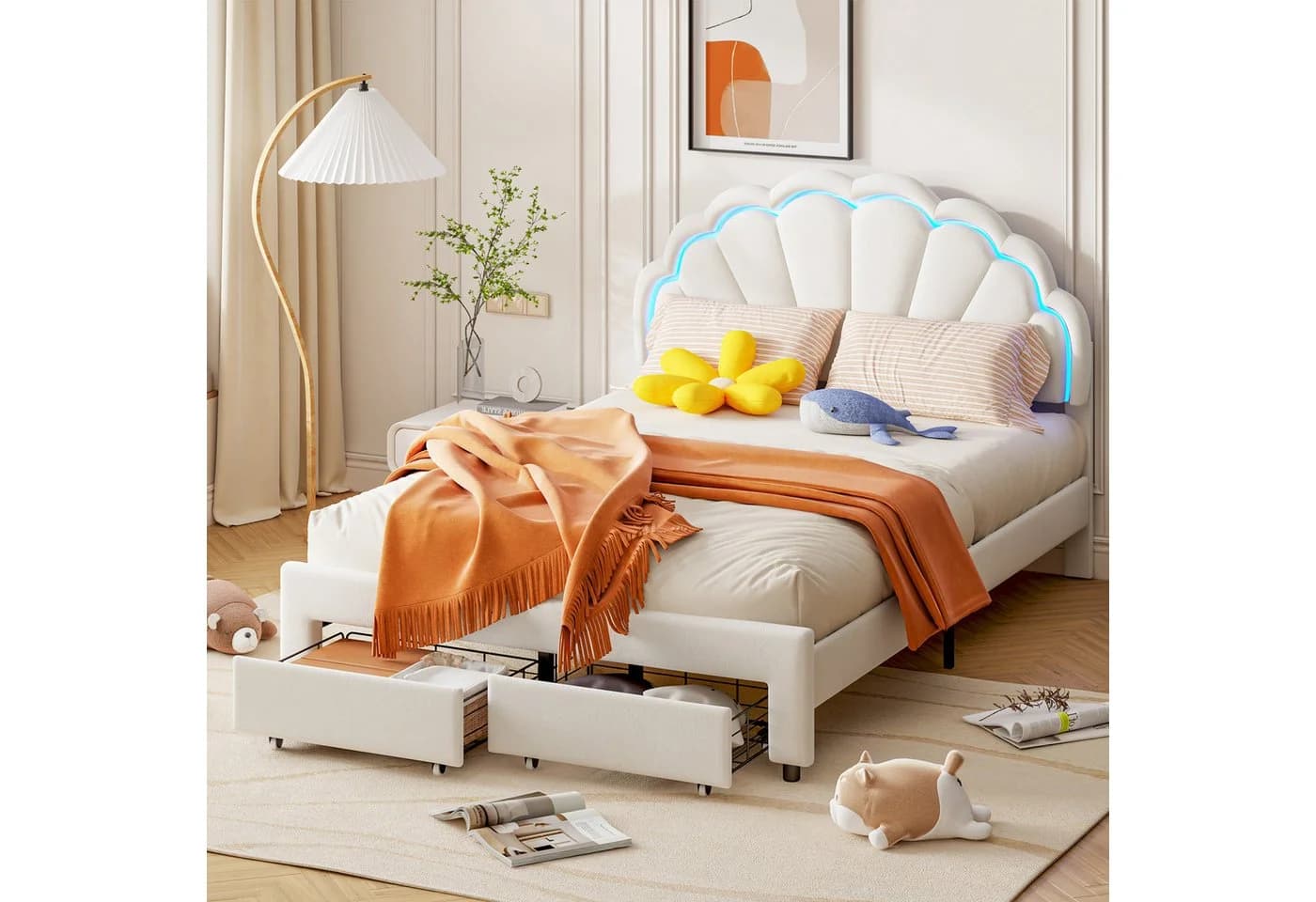 PXloue Polsterbett Kinderbett Jugendbett Weiß LED-Beleuchtung