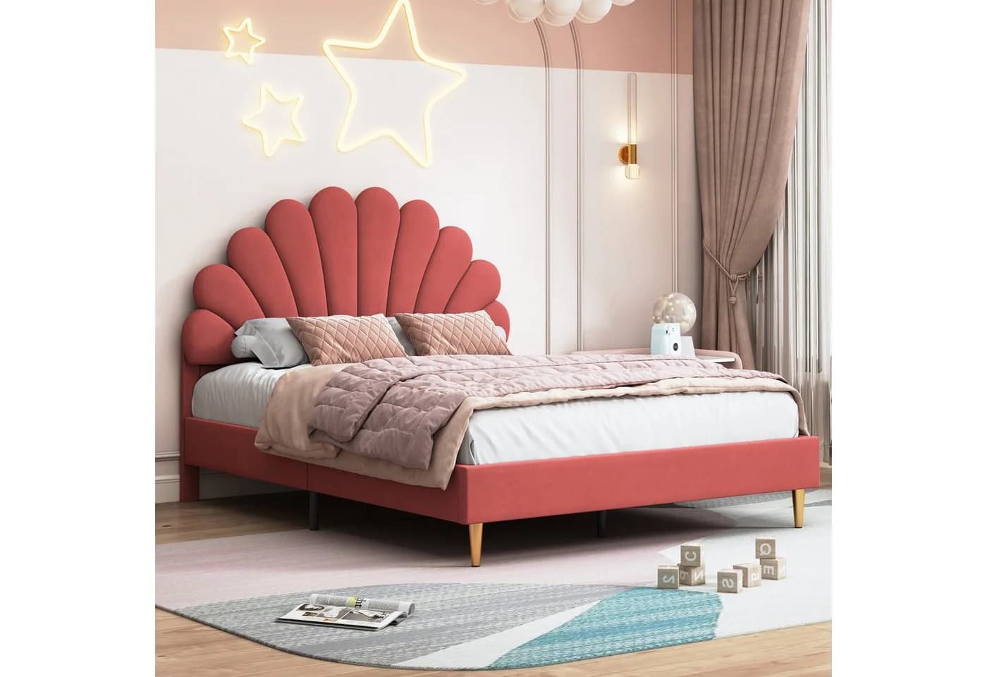 PXloue Polsterbett Rosa mit LED und Muschel-Kopfteil