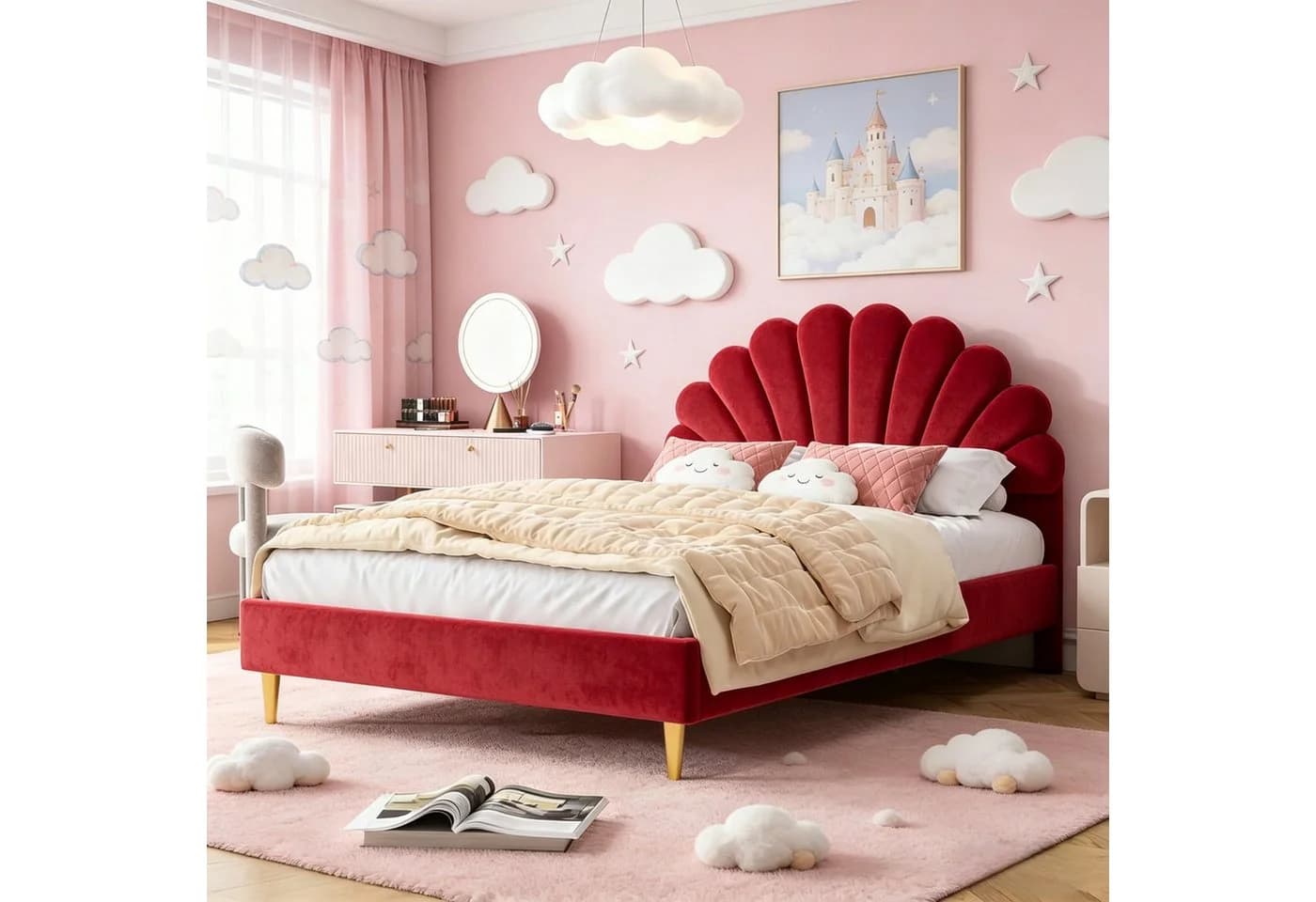 PXloue Polsterbett Rosa mit LED und Muschel-Kopfteil - Bild 2