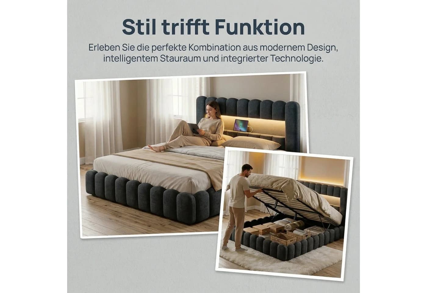PXloue Polsterbett Grau LED hydraulisches Doppelbett mit Stauraum