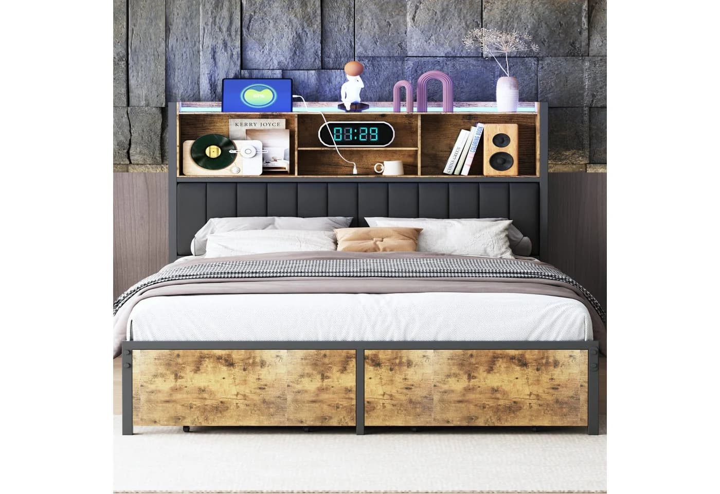 PXloue Polsterbett LED mit Stauraum und USB-Ladebuchsen