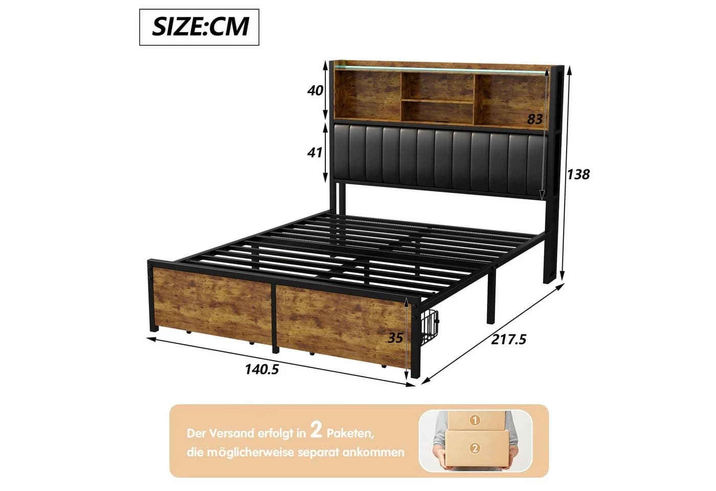 PXloue Polsterbett LED mit Stauraum und USB-Ladebuchsen - Bild 3