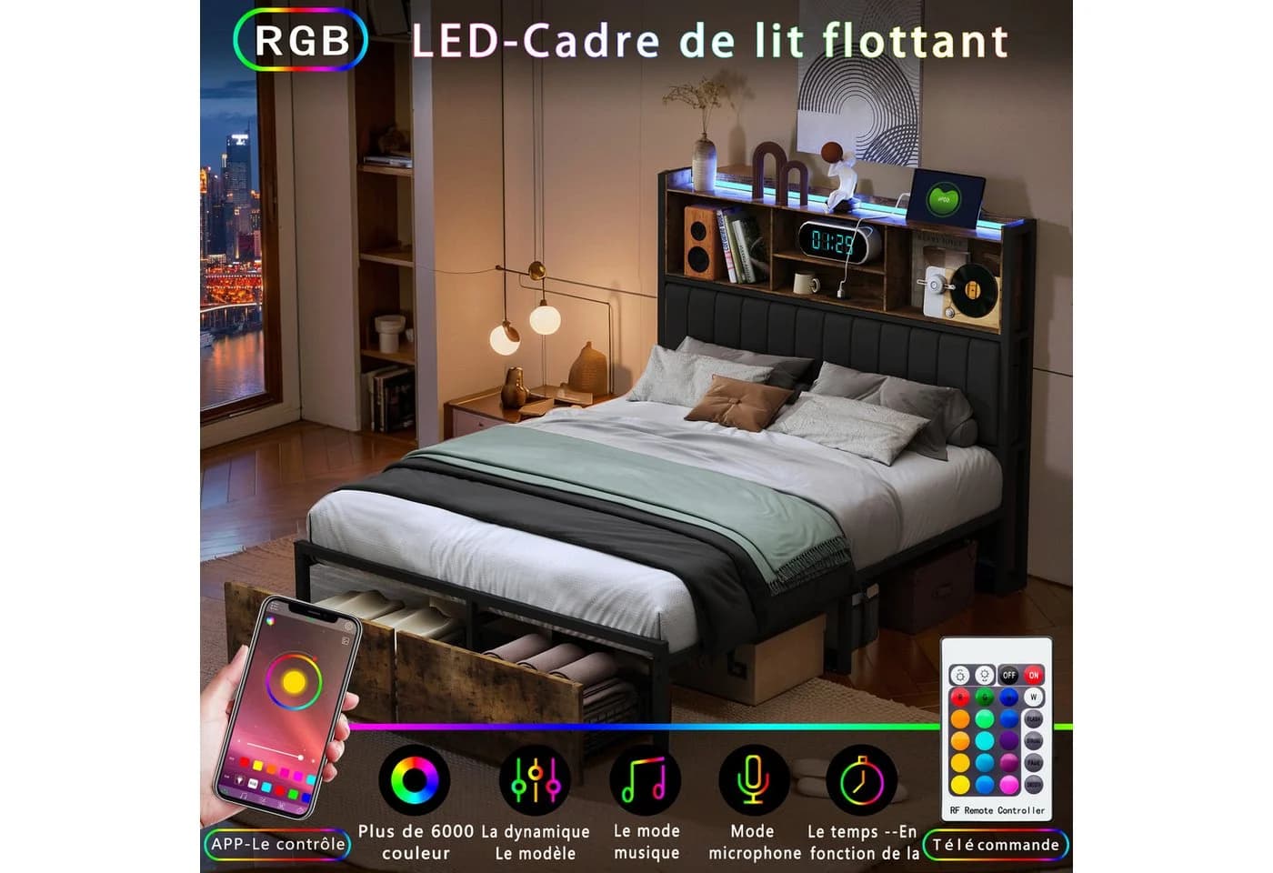 PXloue Polsterbett LED mit Stauraum und USB-Ladebuchsen - Bild 4