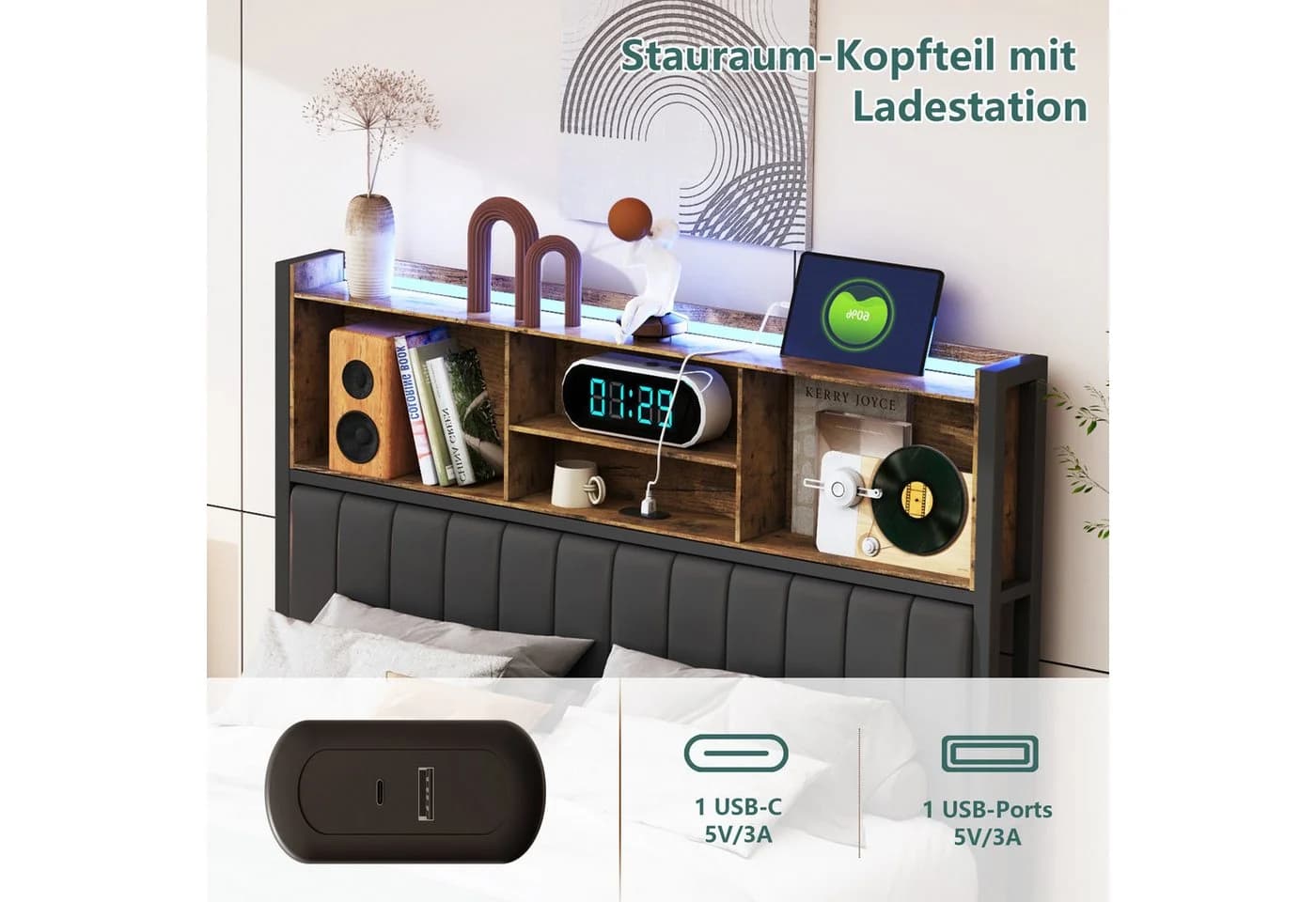 PXloue Polsterbett LED mit Stauraum und USB-Ladebuchsen - Bild 5