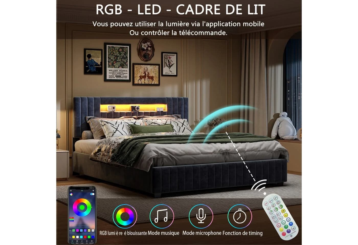 PXloue Polsterbett mit Bettkasten und LED-Beleuchtung Grau - Bild 5