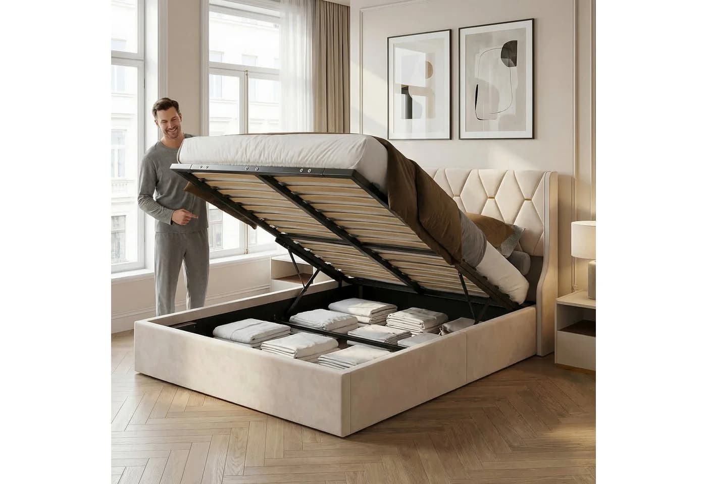 PXloue Polsterbett Doppelbett Stauraumbett mit Bettkasten Beige